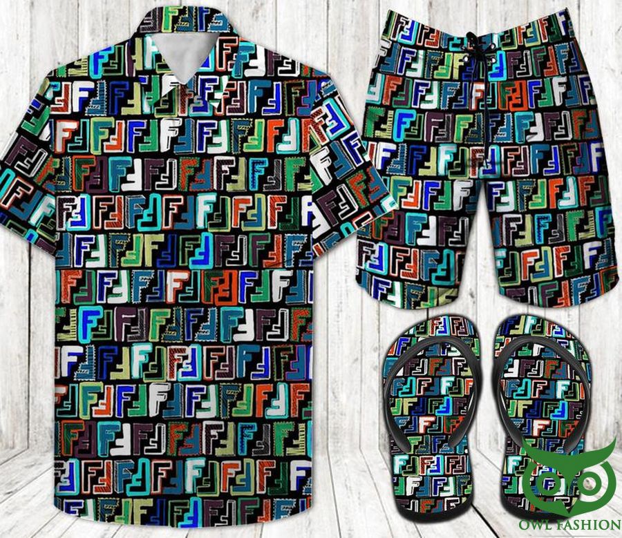 Fendi Colorful Logo Dark Flip Flops And Combo Hawaiian Shirt Shorts