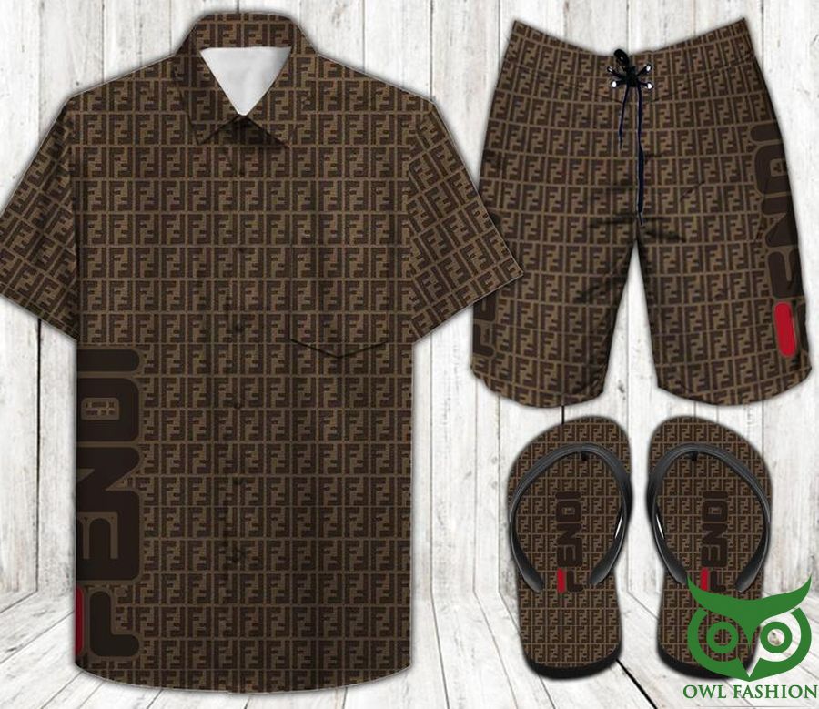 Fendi Dark Brown Flip Flops And Combo Hawaiian Shirt Shorts