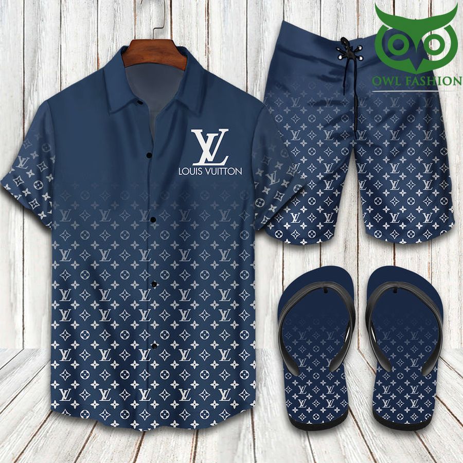 Louis Vuitton navy shade Hawaiian shirt shorts flipflops 