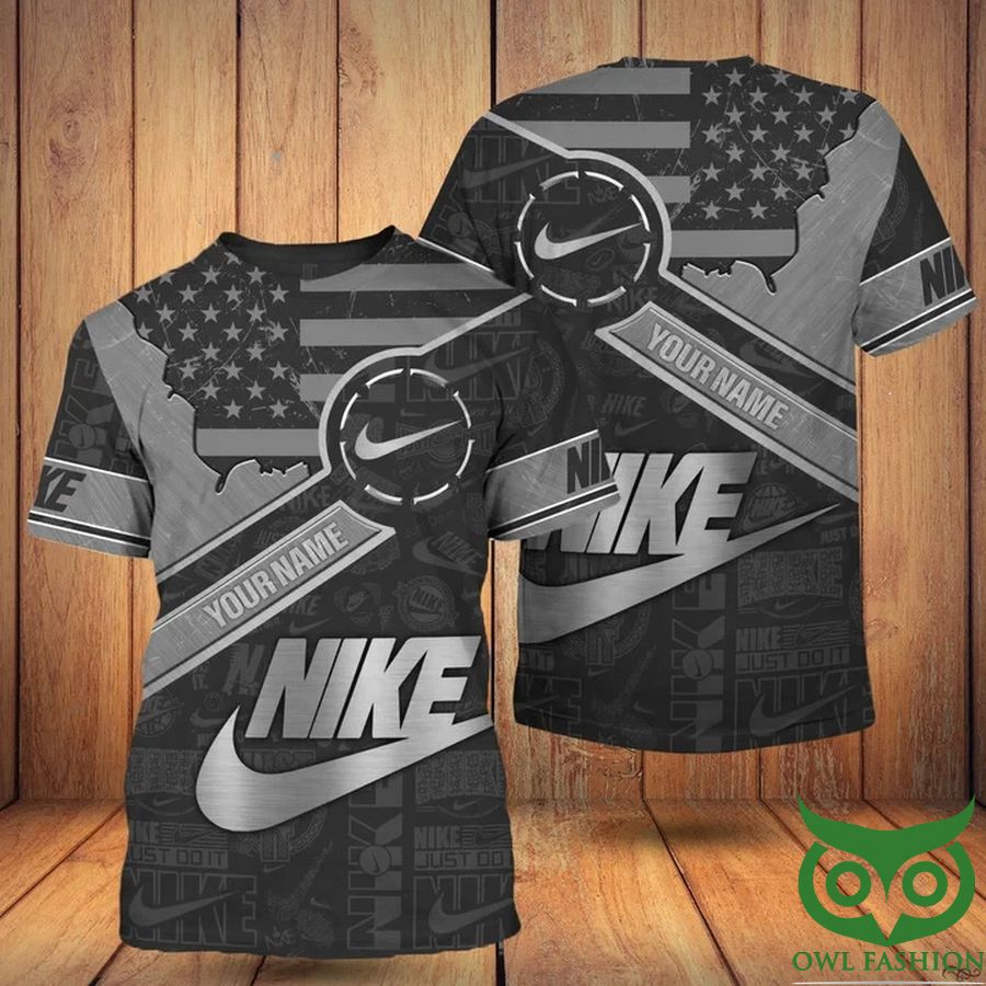 Custom Name Luxury Nike Gray America Flag 3D T-shirt