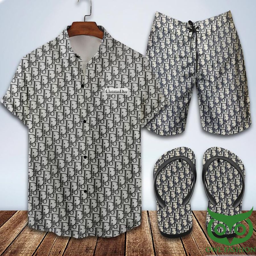 Dior Multiple Gray Logo Flip Flops and Combo Hawaiian Shirt Shorts