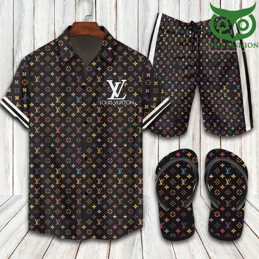 Louis Vuitton colorful Hawaiian shirt shorts flipflops 
