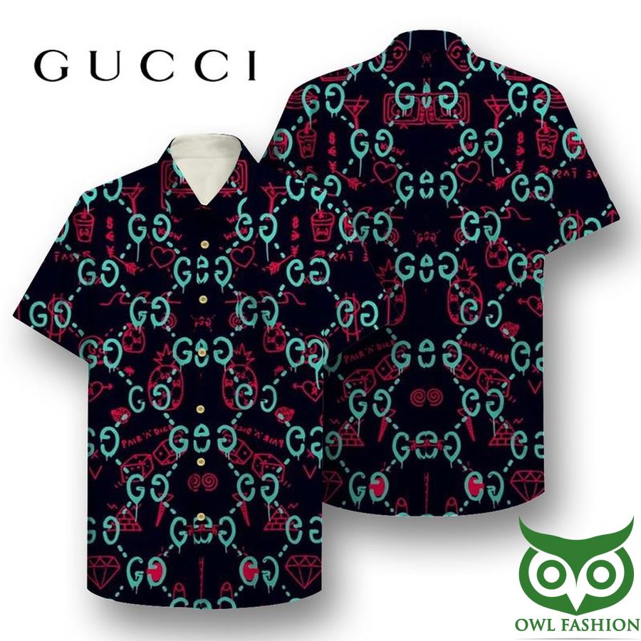Gucci Blue Logo Black Hawaiian Shirt