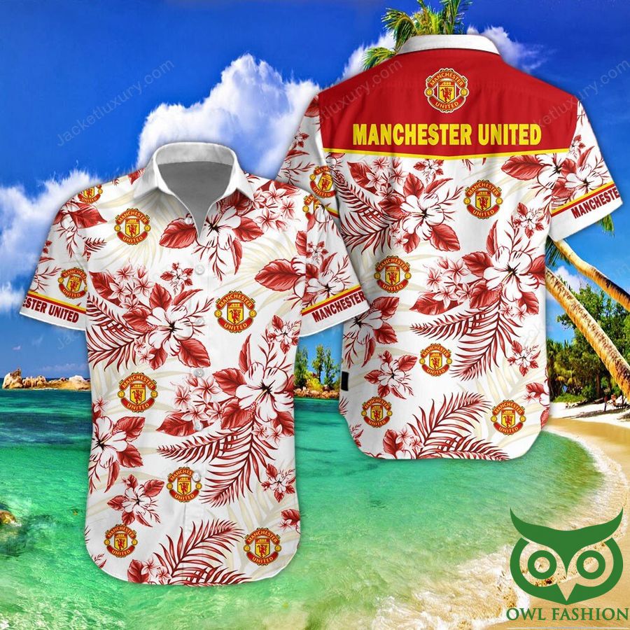 Manchester United White and Red Logo Hawaiian Shirt Shorts