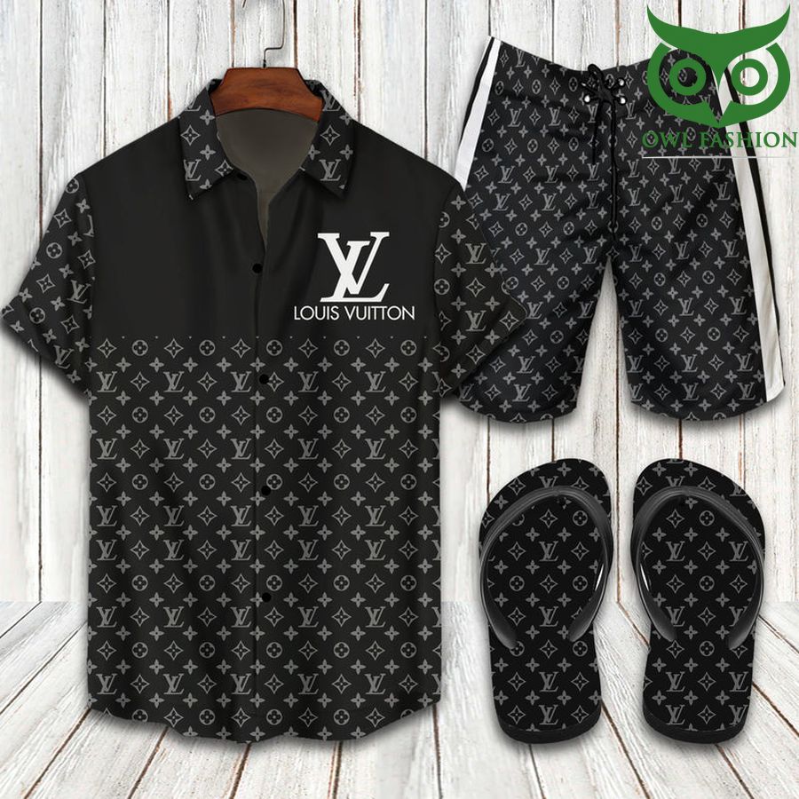Louis Vuitton black Hawaiian shirt shorts flipflops 