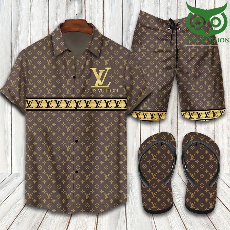 Louis Vuitton golden stripe Hawaiian shirt shorts flipflops 