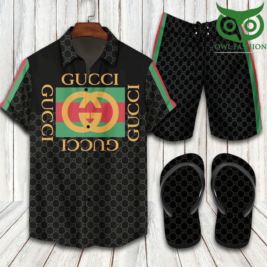 Gucci gold logo black Hawaiian shirt shorts flipflops 