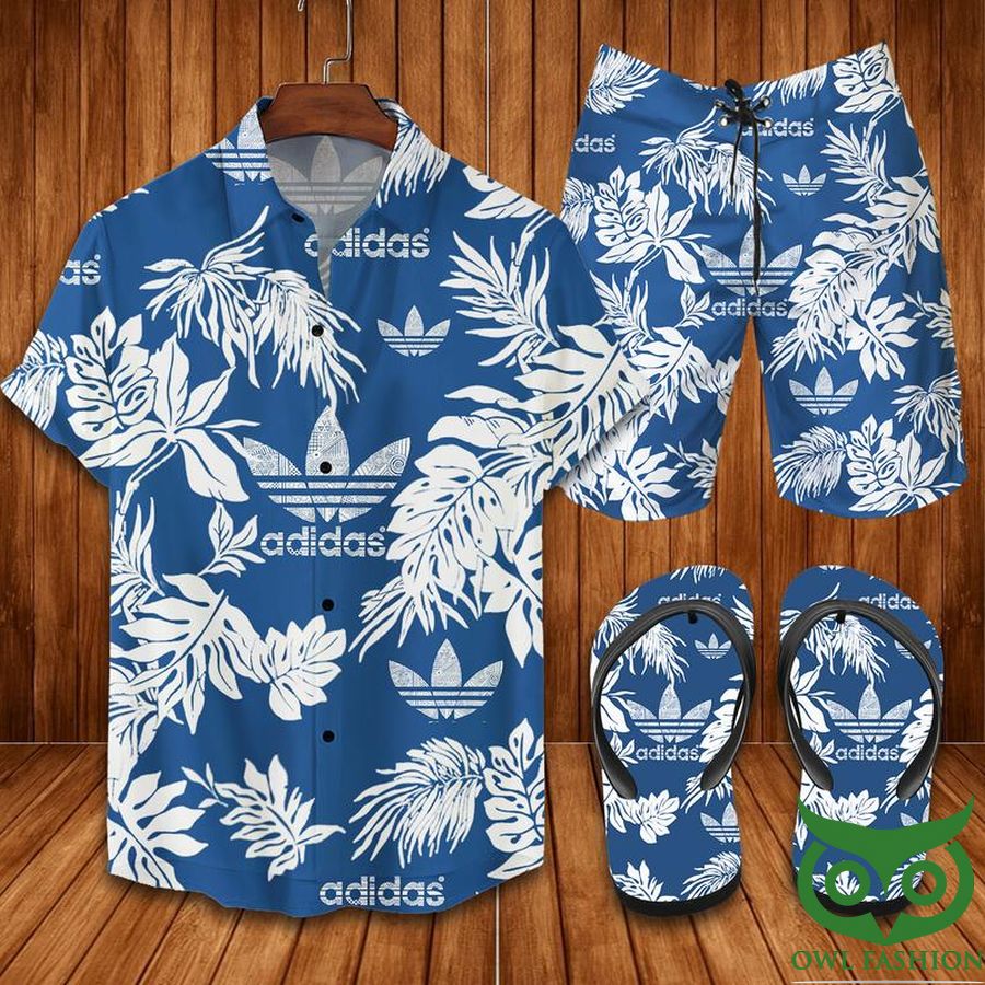 Adidas White Leaf Blue Flip Flops And Combo Hawaiian Shirt Shorts
