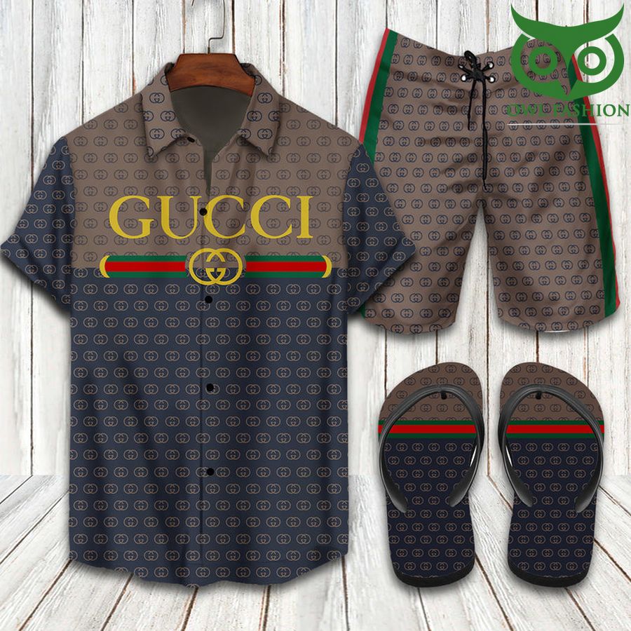 Gucci navy brown Hawaiian shirt shorts flipflops 