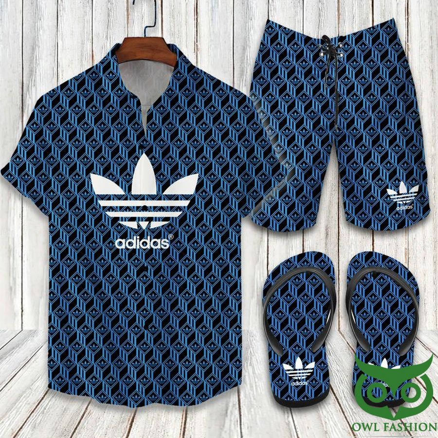 Adidas Blue Logo Black Flip Flops And Combo Hawaiian Shirt Shorts