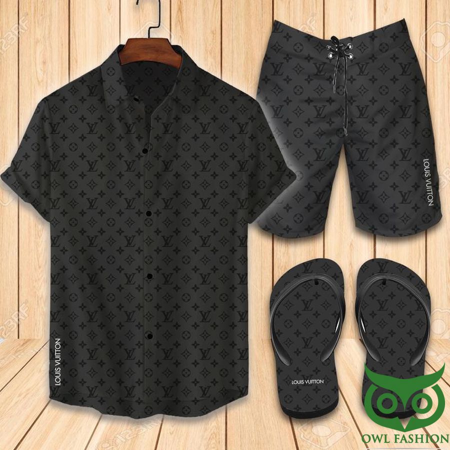 Louis Vuitton Logo Black Flip Flops And Combo Hawaiian Shirt Shorts