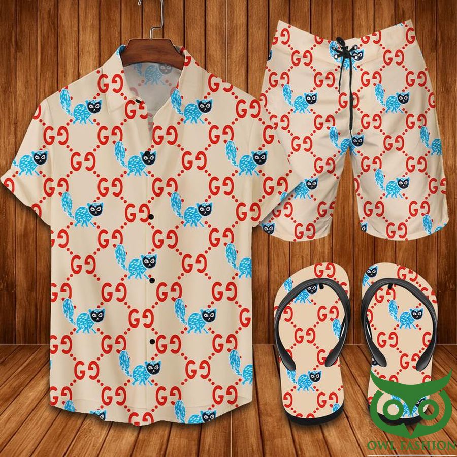 Gucci Cat Red Logo Flip Flops And Combo Hawaiian Shirt Shorts