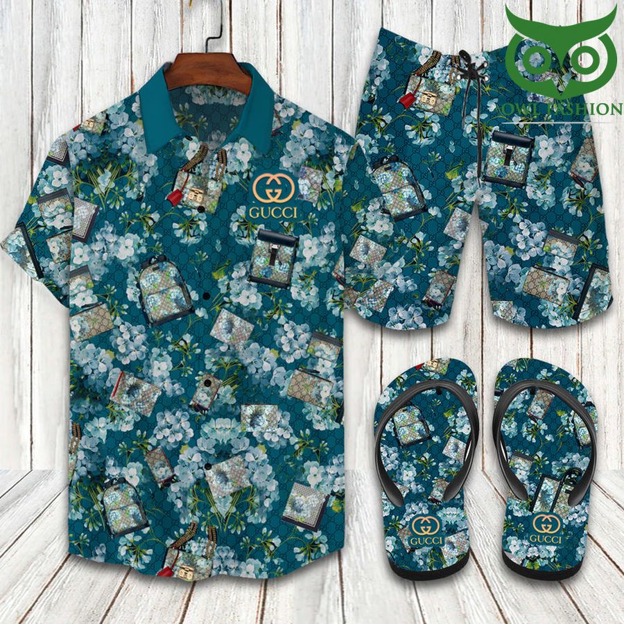 GUCCI floral bag Hawaiian shirt shorts flipflops 