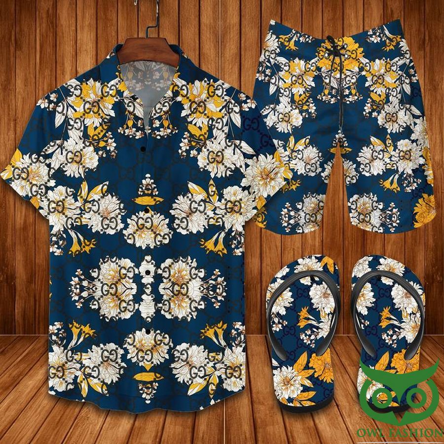 Gucci Yellow Flower Blue Flip Flops And Combo Hawaiian Shirt Shorts