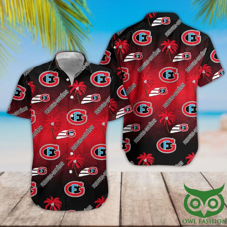 Fribourg-Gotteron Black Red Gradient Hawaiian Shirt