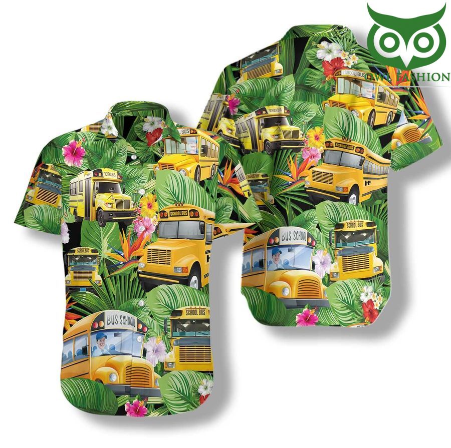 Yellow School Bus Tropical Green Leaf Hawaiian Shirt
