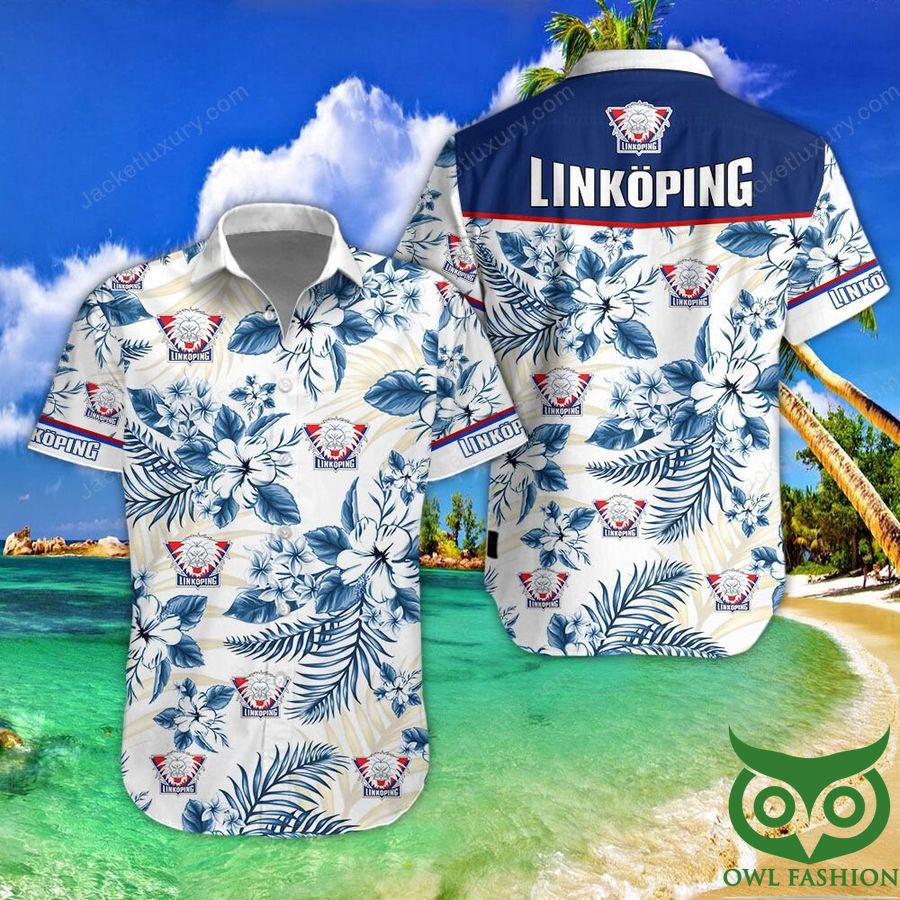 Linkoping HC Blue Flowers on White Hawaiian Shirt