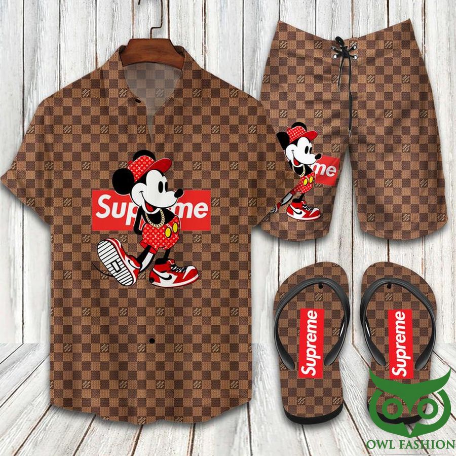 Louis Vuitton Mickey Supreme Flip Flop and Combo Hawaiian Shirt Shorts