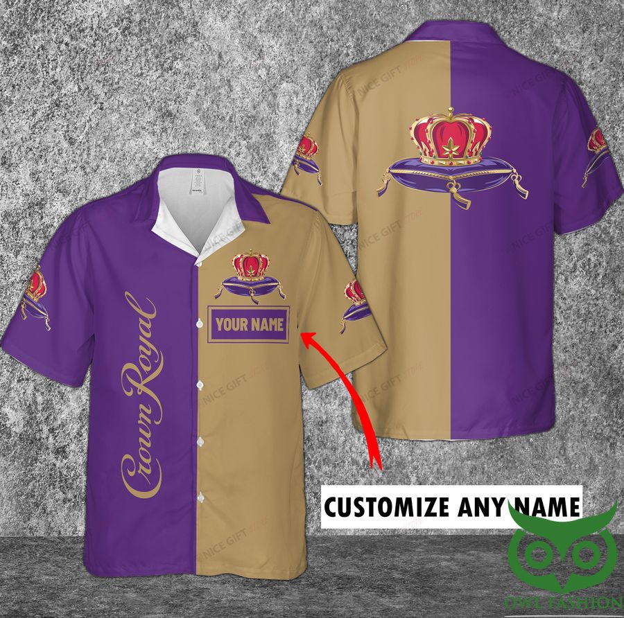 Custom Name Crown Royal Palm Tree Purple and Beige Hawaiian Shirt