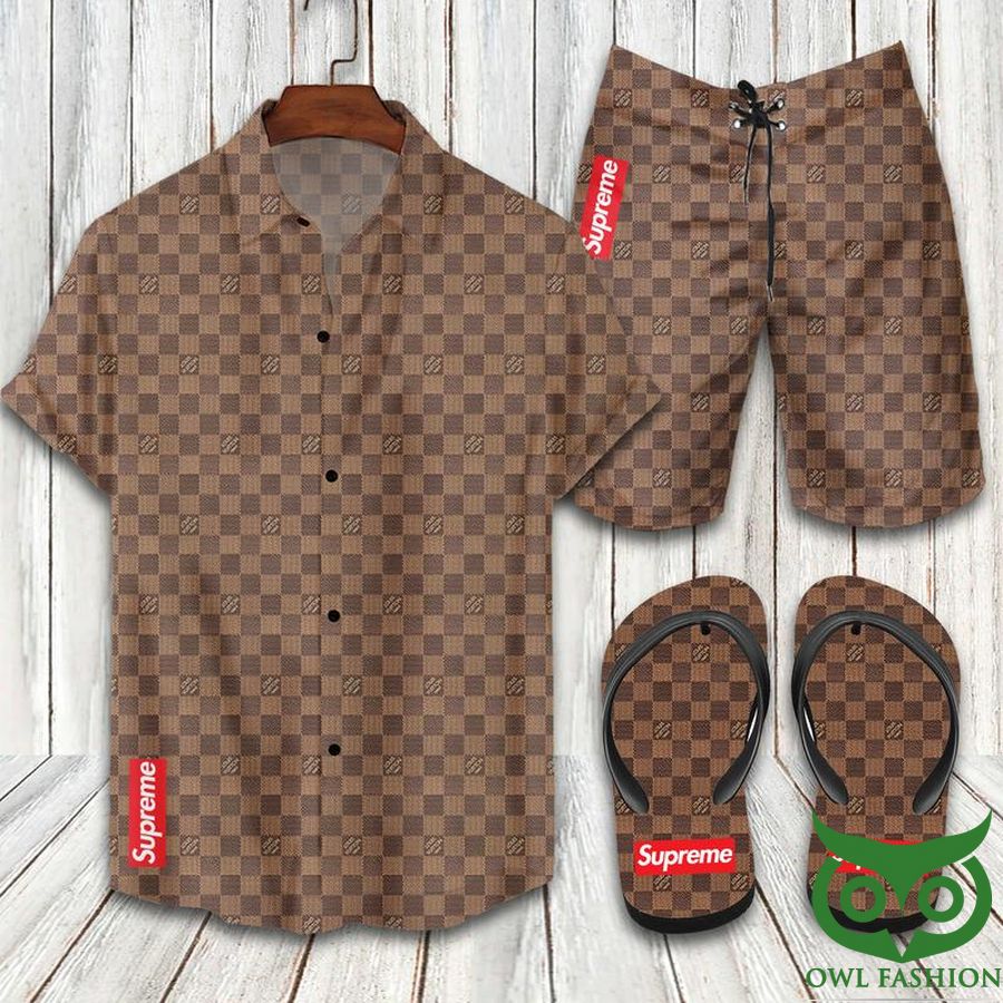 Louis Vuitton Supreme Checkered Combo Flip Flop and Combo Hawaiian Shirt Shorts