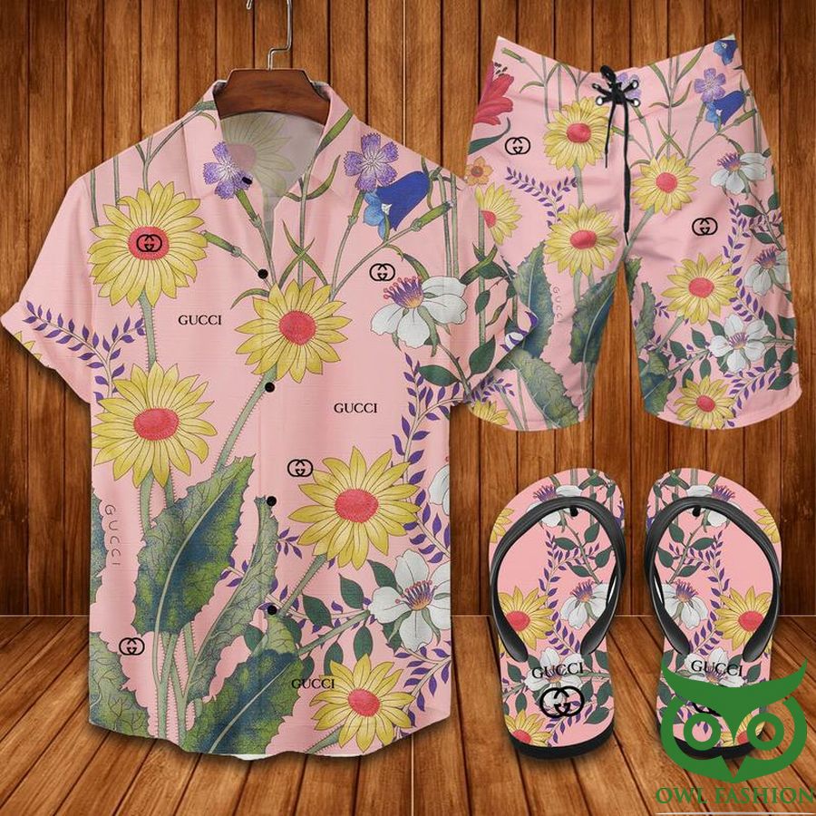 Gucci Sunflower Pink Flip Flops And Combo Hawaiian Shirt Shorts