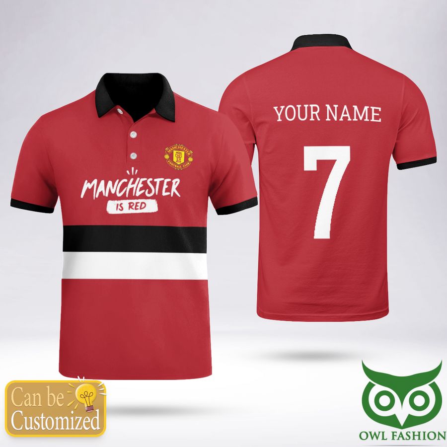 128 Custom Name Number Manchester Is Red Color Stripes Polo Shirt