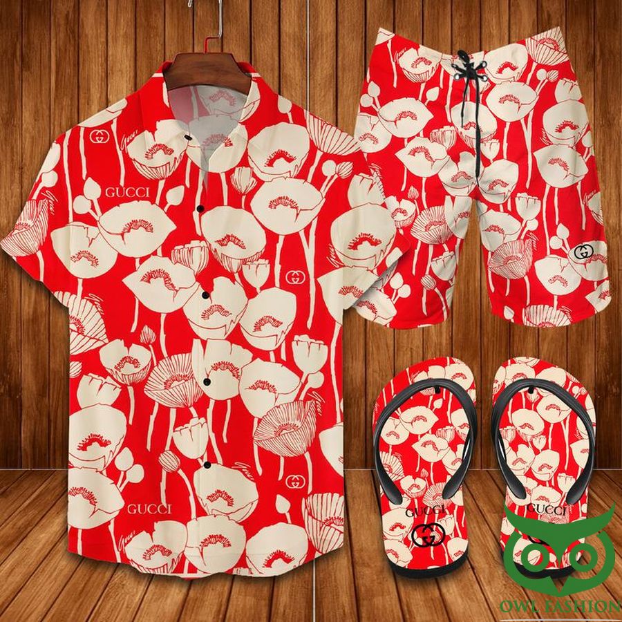 Gucci Flower Red Beige Flip Flops And Combo Hawaiian Shirt Shorts