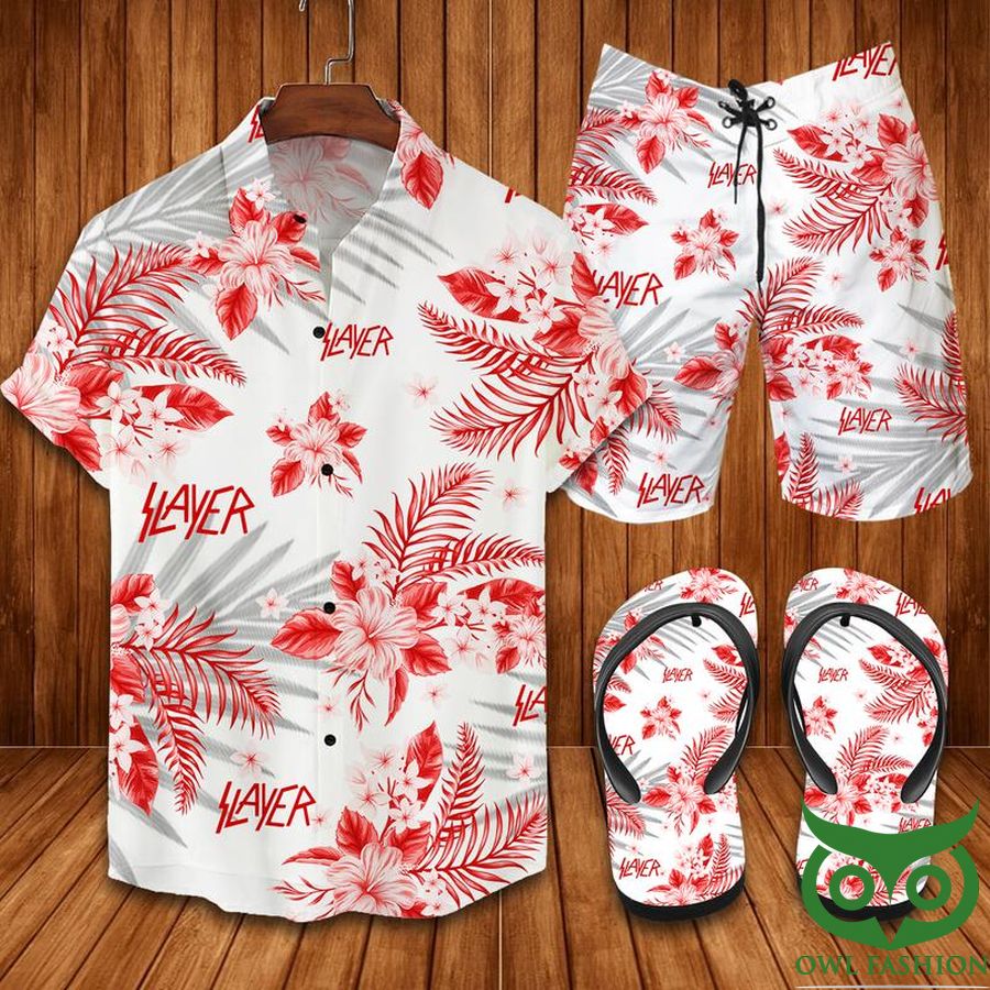 121 Slayer Red Flowers Hawaiian Outfit Combo Flip Flops
