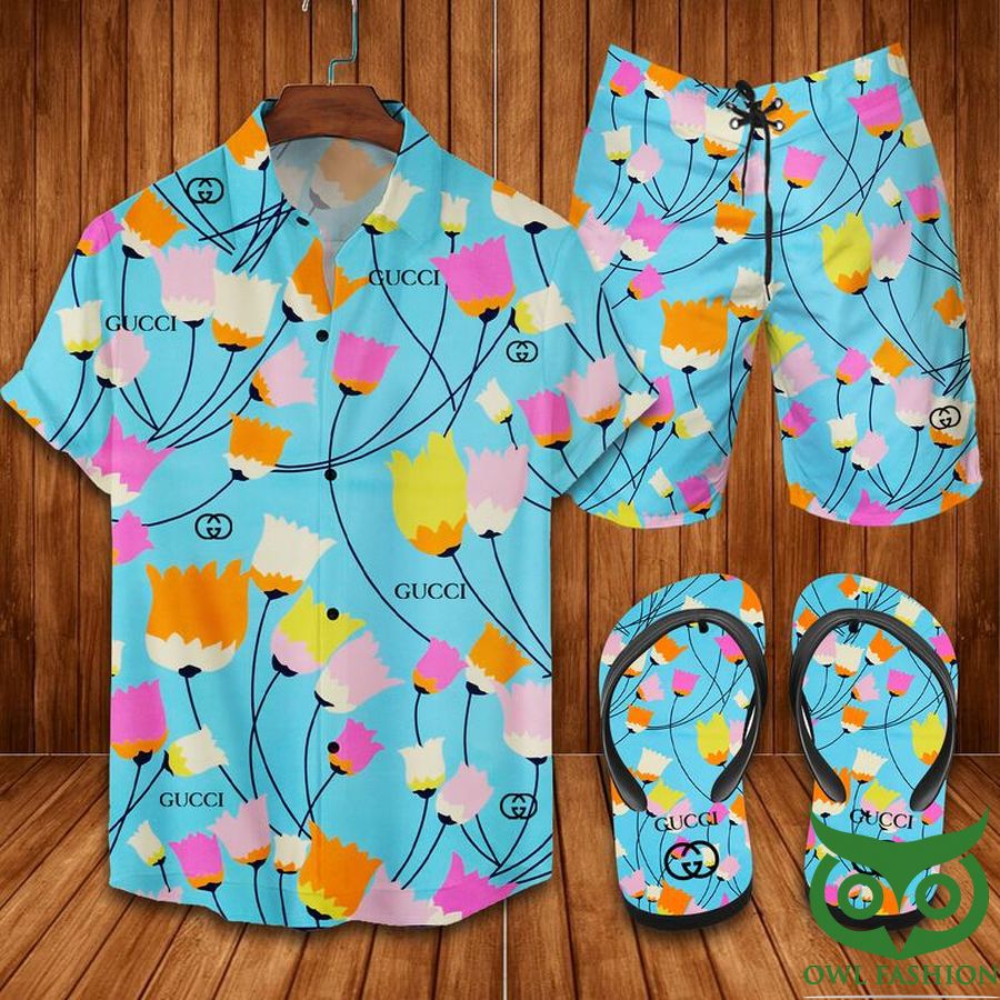 Gucci Colorful Flower Blue Flip Flops And Combo Hawaiian Shirt Shorts