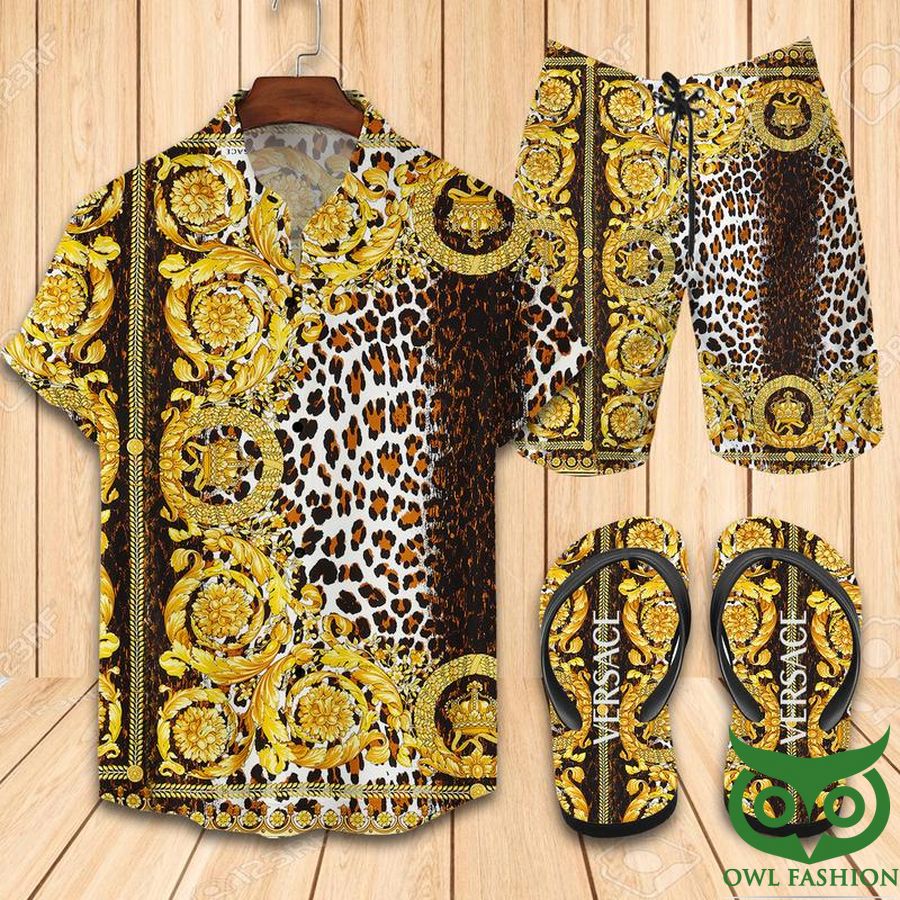 46 Versace Leopard Skin Hawaiian Outfit Combo Flip Flops