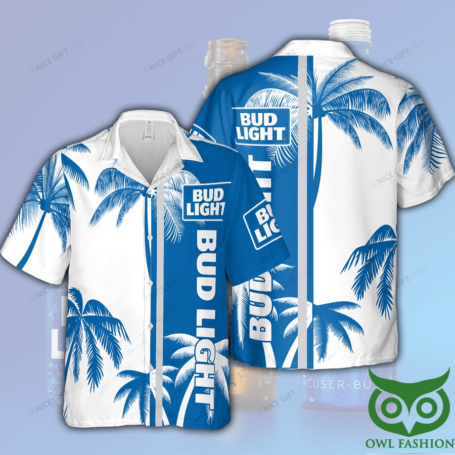 Bud Light Palm Tree Blue and White Hawaiian Shirt