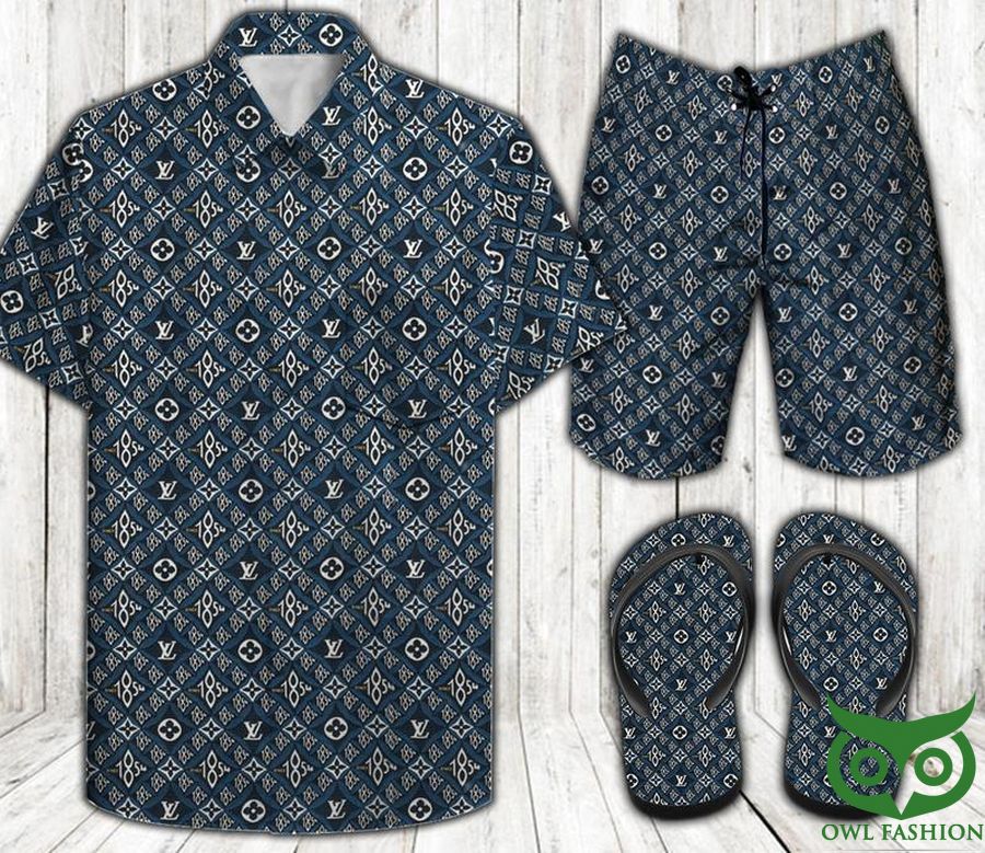Louis Vuitton Pattern Dark Blue Combo Flip Flop and Combo Hawaiian Shirt Shorts