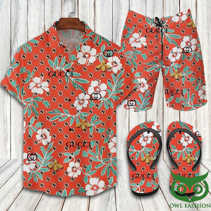 Gucci Flower Orange Flip Flops And Combo Hawaiian Shirt Shorts