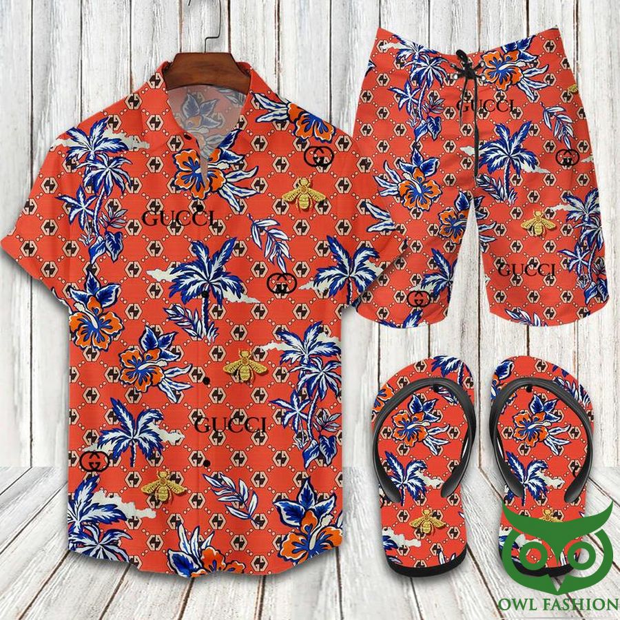 Gucci Coconut Tree Orange Flip Flops And Combo Hawaiian Shirt Shorts