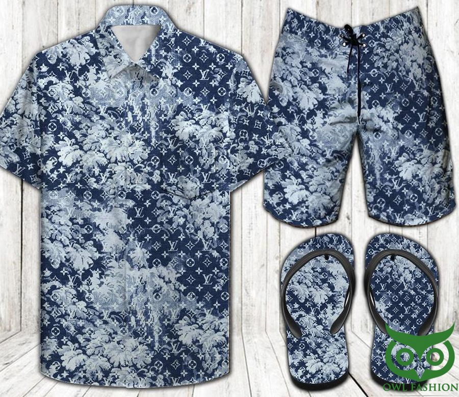 Louis Vuitton Forest Blue Combo Flip Flop and Combo Hawaiian Shirt Shorts