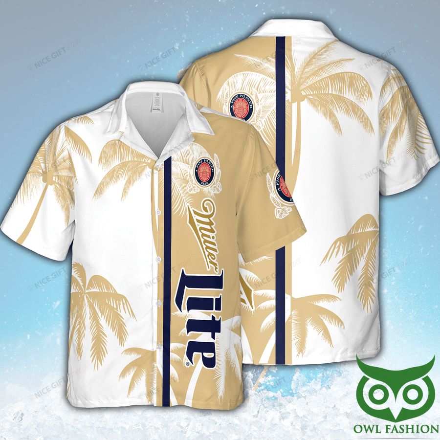 Miller Lite Palm Tree Beige and White Hawaiian Shirt