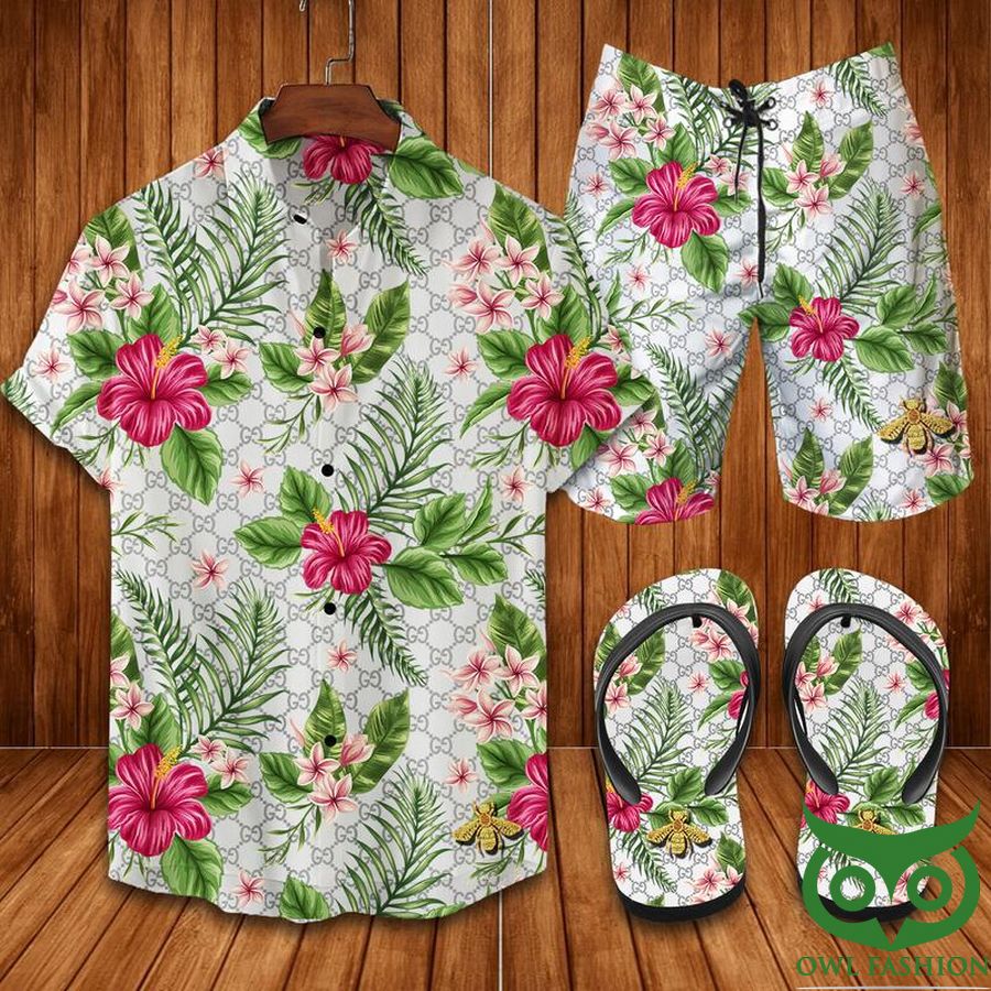 Gucci Pink Flower Green Leaf Flip Flops And Combo Hawaiian Shirt Shorts