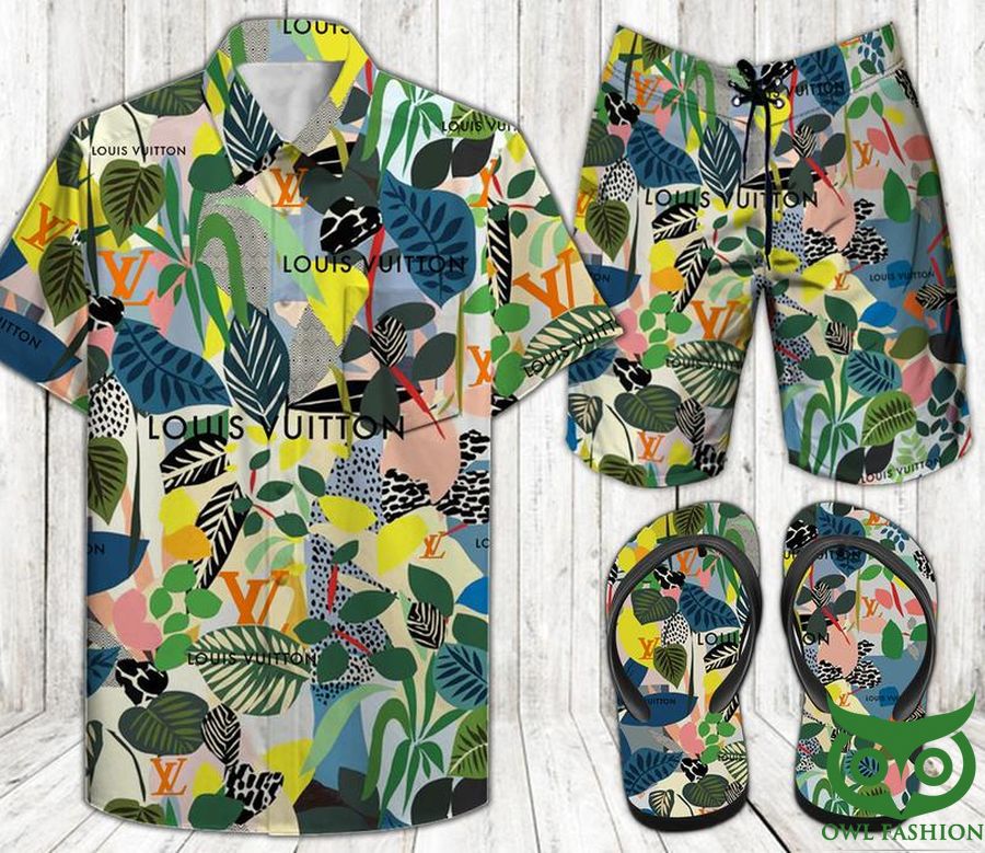 Louis Vuitton Colorful Leaf Combo Flip Flop and Combo Hawaiian Shirt Shorts