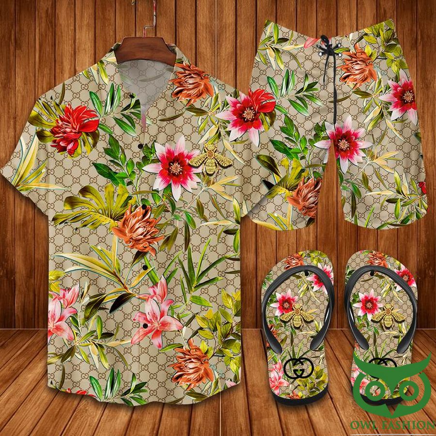 Gucci Colorful Garden Flip Flops And Combo Hawaiian Shirt Shorts