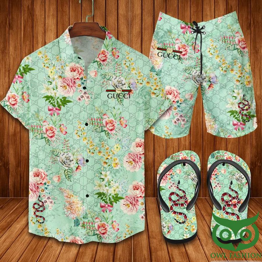 Gucci Flower Snake Mint Flip Flops And Combo Hawaiian Shirt Shorts