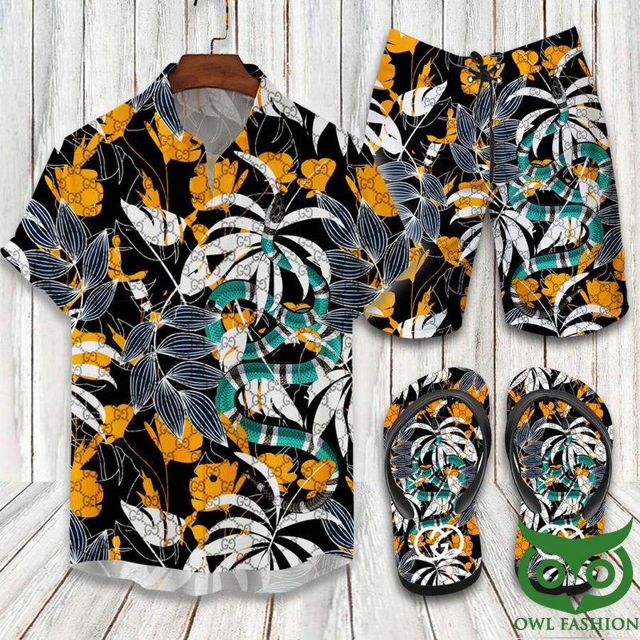 Gucci Snake Flower Black Flip Flops And Combo Hawaiian Shirt Shorts
