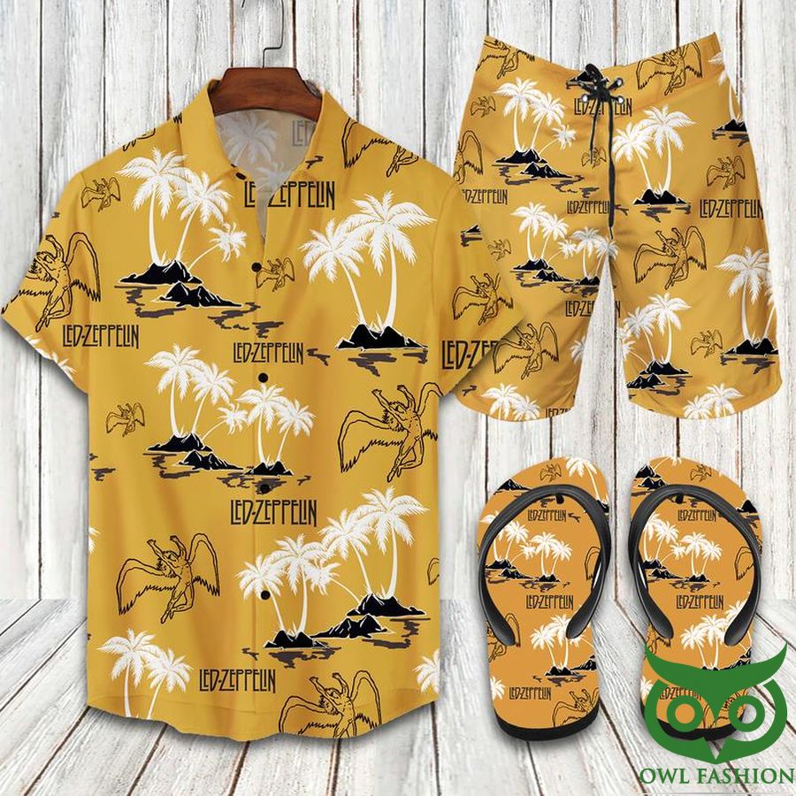 Led Zeppelin Coconut Tree Yellow Flip Flops And Combo Hawaiian Shirt Shorts