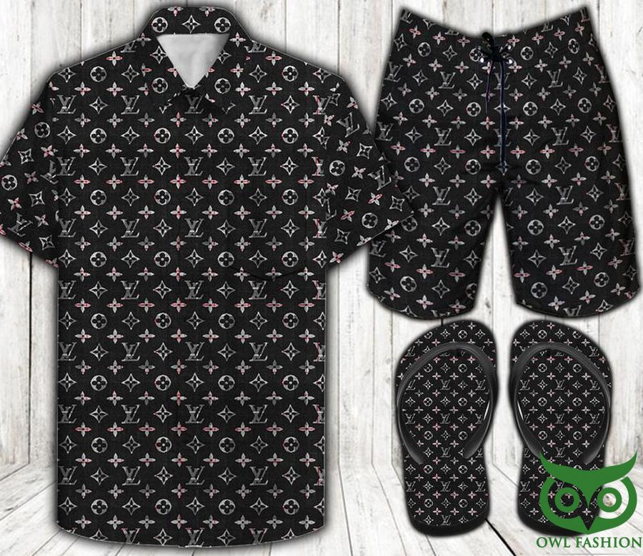 46 Louis Vuitton Monogram Black Combo Flip Flop and Combo Hawaiian Shirt Shorts