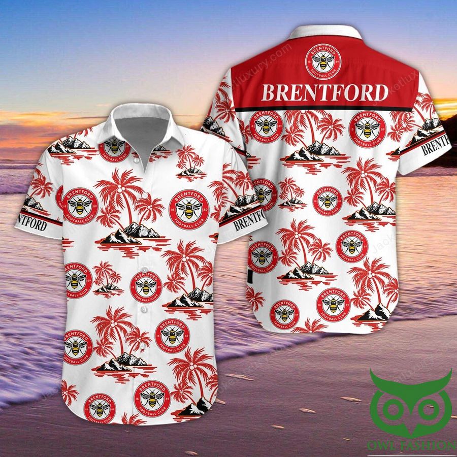 2 Brentford FC Red Coconut Tree White Hawaiian Shirt