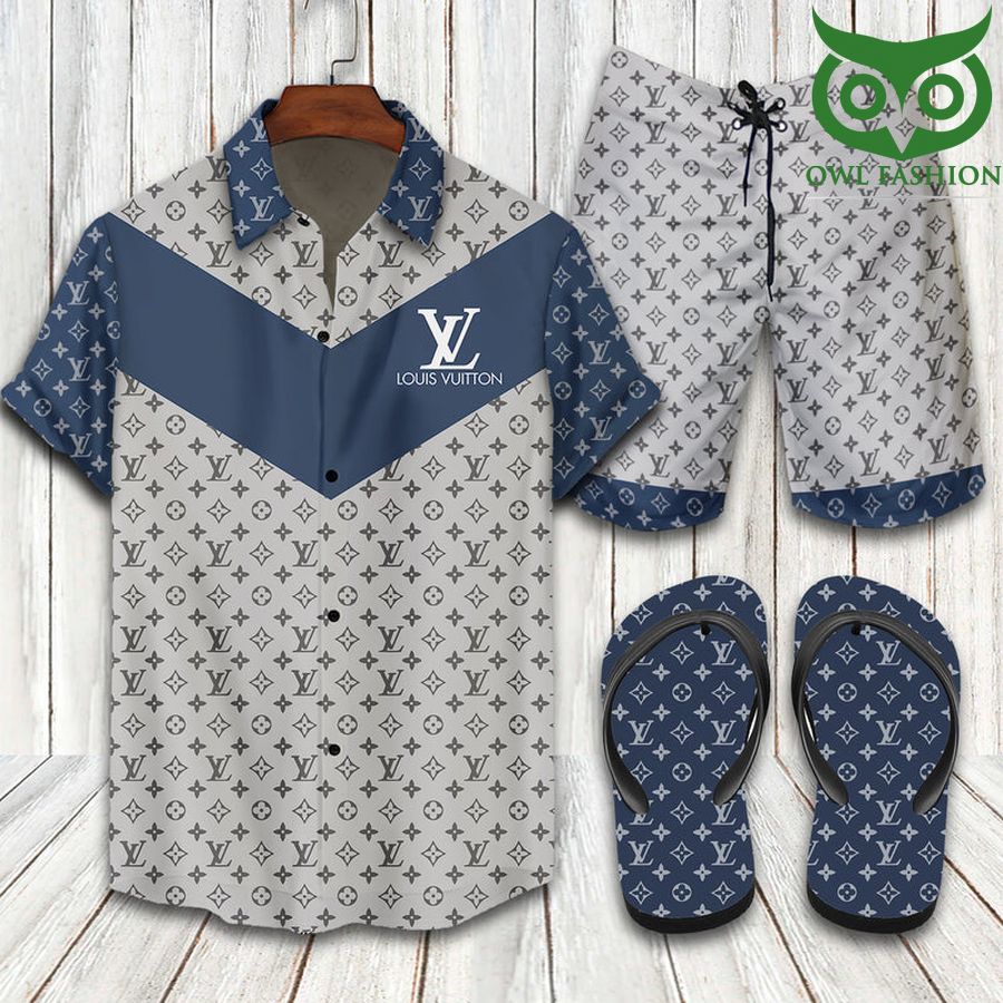 190 Louis Vuitton grey blue Hawaiian shirt shorts flipflops