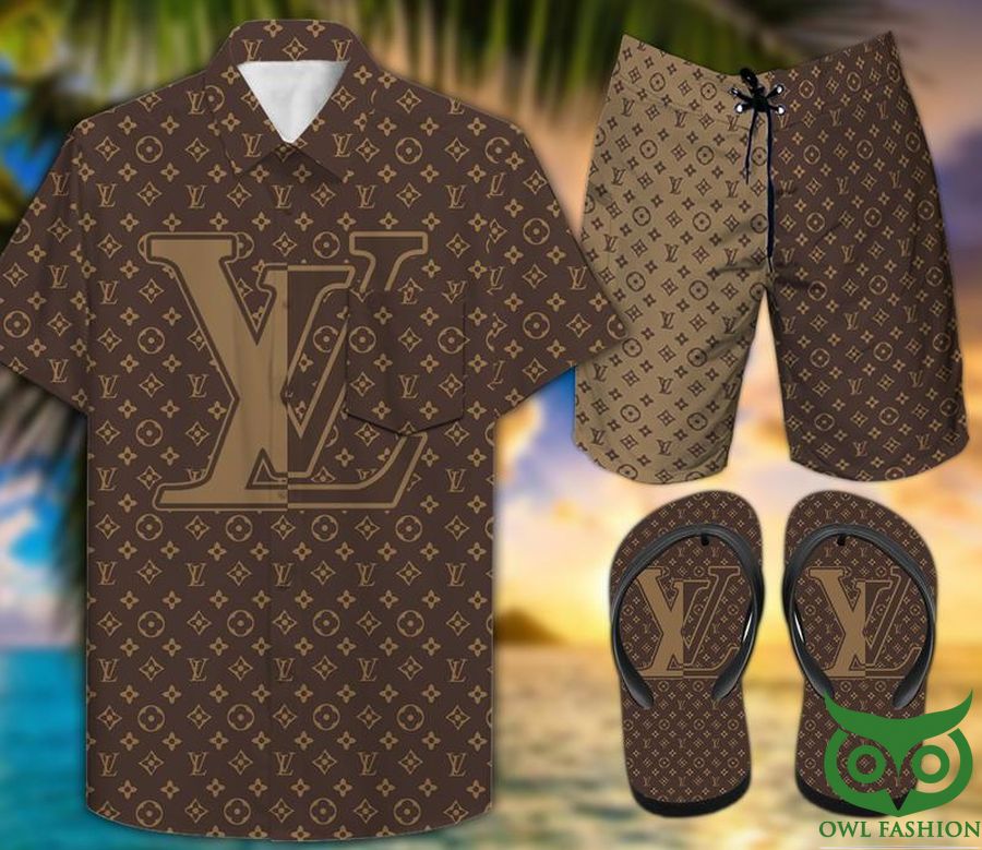 76 Louis Vuitton Brown Different Tones Combo Flip Flop and Combo Hawaiian Shirt Shorts