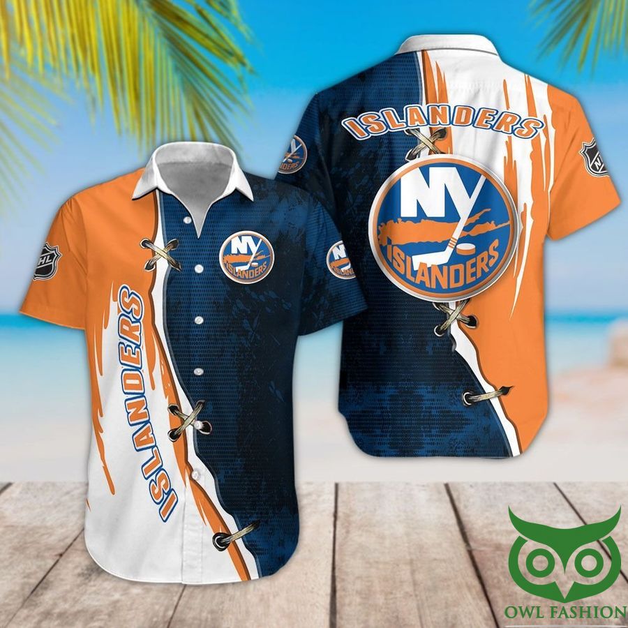13 New York Islanders Dark Blue and Orange Hawaiian Shirt