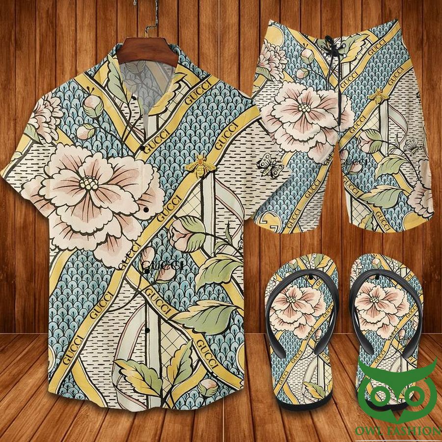 74 Gucci Art Flower Flip Flops And Combo Hawaiian Shirt Shorts