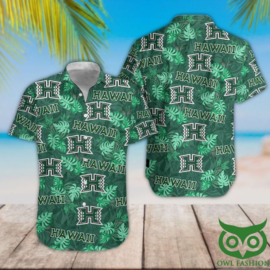 36 Hawaii Rainbow Warriors Green Leaf Logo Hawaiian Shirt