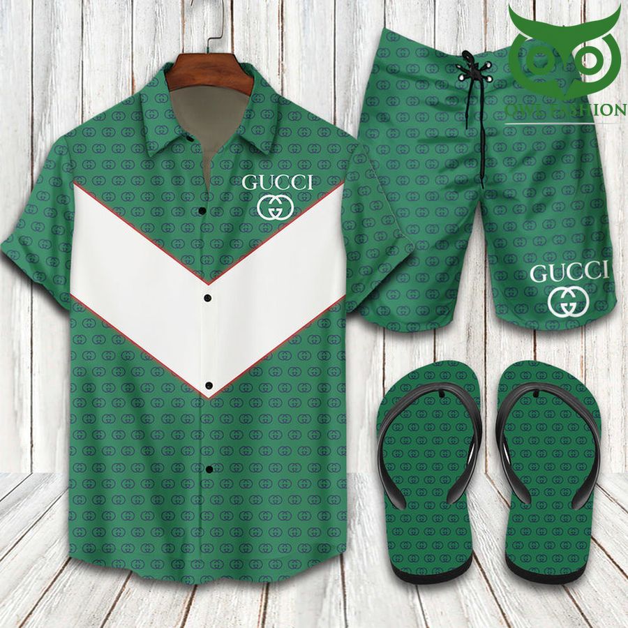 234 Gucci green Hawaiian shirt shorts flipflops